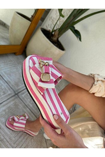 Eataly Shoes 022-4242 Fuchsia Striped Ribbon Detailed Slippers