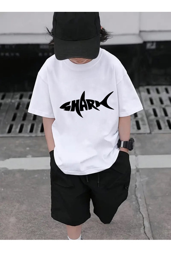 makiteks Bumbac de calitate Pieptănat Băiat Fată Copii Tricou Imprimat Tricou 5 6 7 8 9 10 11 12 13 14 ani Rechin