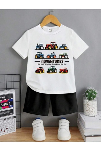 ÇocukçaGiy Tractor Pattern Comfortable Simple Short Sleeve T-Shirt and Shorts Set, Summer