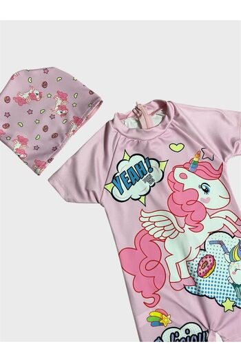 ALİŞ KİDS Girl's Pink Unicorn Patterned Short Sleeve Bonnet Protected Swimsuit