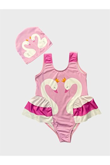 ALİŞ KİDS Girl's Lilac Color Swan Patterned Ruffled Bonnet Swimsuit