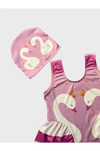 ALİŞ KİDS Girl's Lilac Color Swan Patterned Ruffled Bonnet Swimsuit