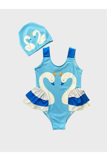 ALİŞ KİDS Girl's Blue Swan Pattern Ruffled Bonneted Tight Woven Quick Dry Stretchy Swimsuit