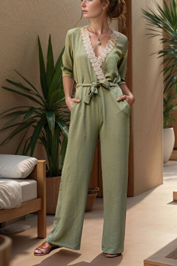 bacc Women's Khaki Straw Detailed Self-Belt Pocket Airobin Jumpsuit Bcbsk-25700-2946