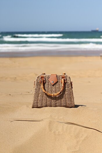 Moom Bag Women's Camel Bamboo Handle Straw Bag with Shoulder Strap