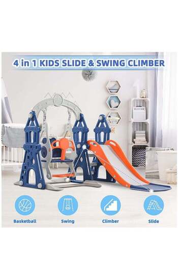 COOYA 4 in 1 Slide and Swing Kids Toy Set, With Basketball Hoop, Suitable for Indoor Outdoor (Blue)