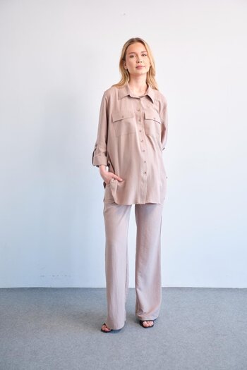 BUSA Pregnant Loose Wide Leg Adjustable Waist Shirt Suit Mink