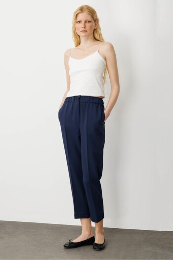 Desen Triko Women's Belt Elastic Summer Fabric Trousers Navy Blue