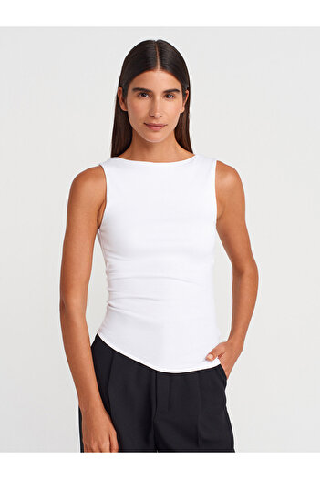 Dilvin 21061 Asymmetrical Draped Sleeveless Ball-White