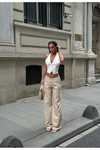 HLT JEANS Κρεμ γυναικεία λάστιχο μέσης με λεπτή χαλαρή φαρδιά λινό παντελόνι EMİLY-3018