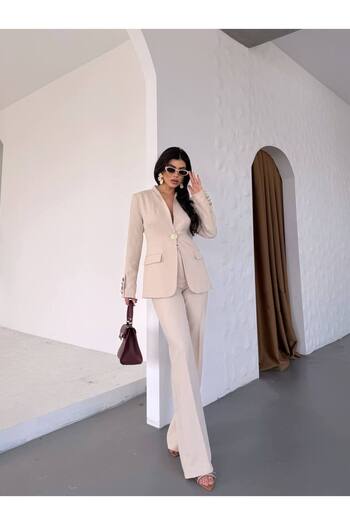 Bella Breeze Women's Gold Cookie Button Blazer Jacket Palazzo Pants Suit