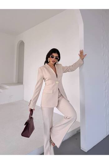 Bella Breeze Women's Gold Cookie Button Blazer Jacket Palazzo Pants Suit