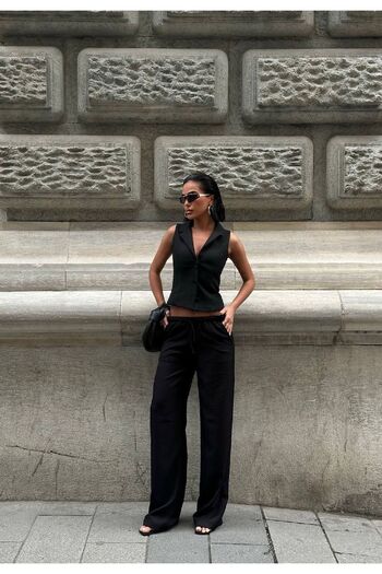 HLT JEANS Black Women's Waist Elastic Detailed Slim Draped Baggy Linen Look Trousers Emi̇ly-3012