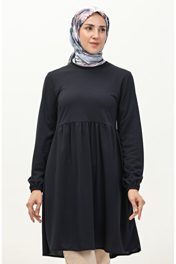 sefamerve Navy Blue Gathered Tunic - 7272-06