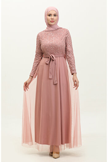 sefamerve Belted Lace Evening Dress - 5353A-20 Dark Powder