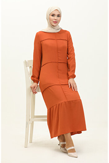 sefamerve Brick Color Aerobin Gathered Dress - 6595-06