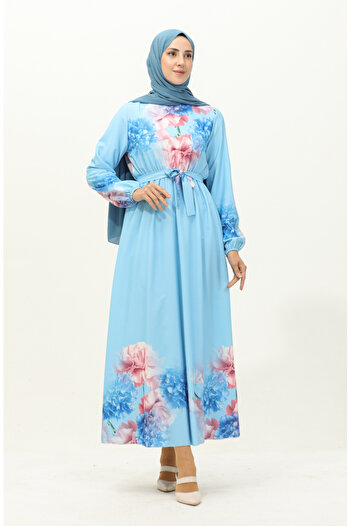 sefamerve Baby Blue Digital Printed Belted Dress - 1116-01