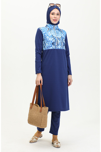 sefamerve Zippered Hijab Swimsuit 2400-01 Navy Blue