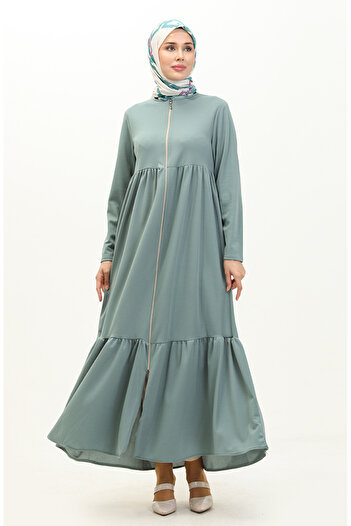 sefamerve Mint Green Zippered and Gathered Ferace - 0695-09