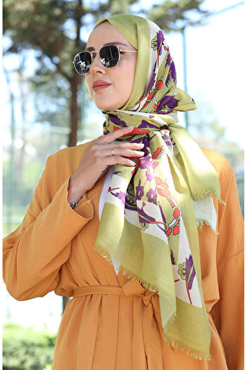sefamerve Ethnic Patterned Oil Green Cream Cotton Shawl - 90174-04
