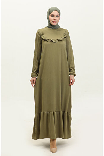 sefamerve Light Khaki Green Nazenin Robadan Ruffle Dress - NZR003-02