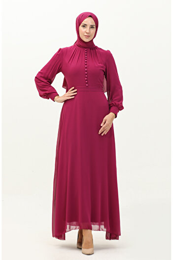 sefamerve Fuchsia Chiffon Evening Dress - Button Detail and Belted 5695A-03