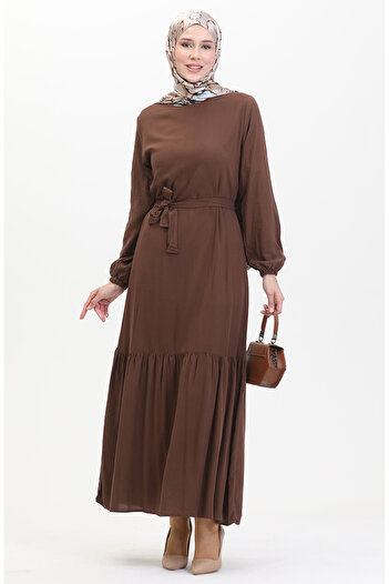 sefamerve Brown Belted Dress - 0512-06 Model