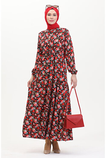 sefamerve Red Black Patterned Viscose Dress - Lace up Waist 0488-01