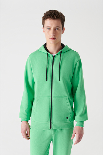 Avva Men's Neon Green Zippered Hooded Sweatshirt E 001019