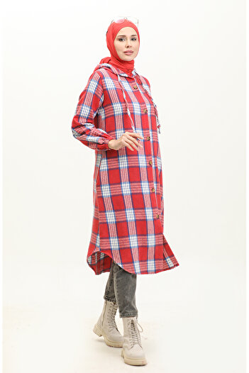 sefamerve Plaid Pattern Hooded Cap Nzr001C-06 Red Indigo