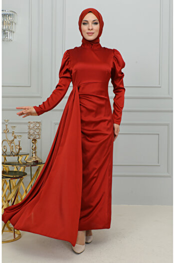 sefamerve Satin Evening Dress 6154-04 - Pleat Detailed, Dark Tile