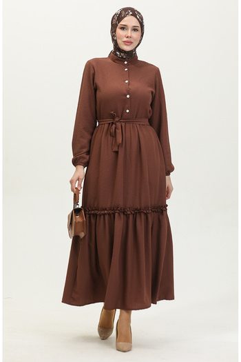sefamerve Brown Belted and Ruffled Dress - Half Button 0404-02