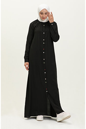 sefamerve Black Viscose Dress - Double Button, Model 5110-07