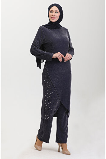 sefamerve Navy Blue Stoned Evening Dress Set - 0437-04