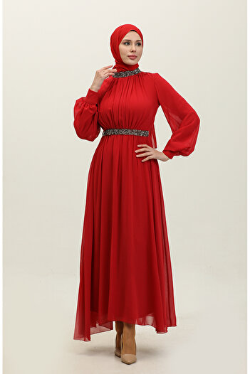 sefamerve Burgundy Jewelled Pleated Evening Dress - 5339A-03