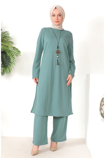 sefamerve Green Necklace Tunic and Trousers Set - 8585-03