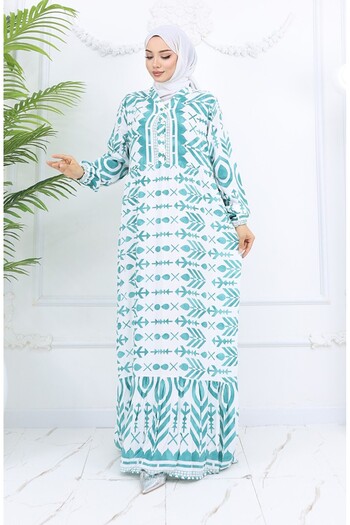 sefamerve Half Button Viscose Patterned Dress 0026-01 Green White