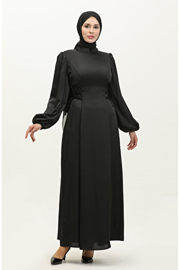 sefamerve Black Side Tie Evening Dress - 6156-03