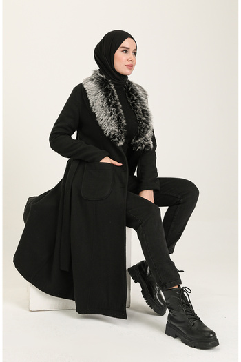 sefamerve BlacK Furry Stamp Coat - 71178-01