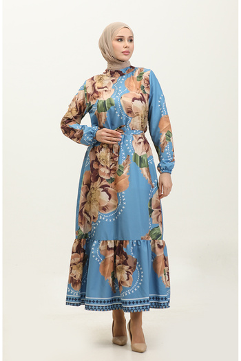 sefamerve Μπλε Καφέ Κρεπ Φόρεμα - Floral Pattern, Μοντέλο 0350-01