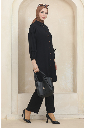 sefamerve Black Tunic and Trousers Double Set - Pocket and Button 1007-01