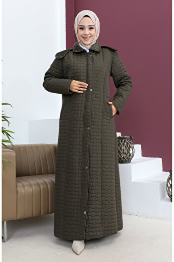 sefamerve Khaki Diamond Patterned Large Size Quilted Coat 5062-03