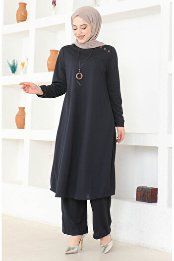 sefamerve Navy Blue Necklace Tunic and Trousers Set - 0580-02