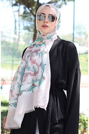 sefamerve Ethnic Patterned Powder Mint Green Cotton Shawl - 90174-11