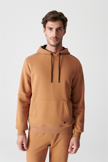 Avva Men's Light Brown Hooded Raised 3 Thread Cotton Sweatshirt E 001018