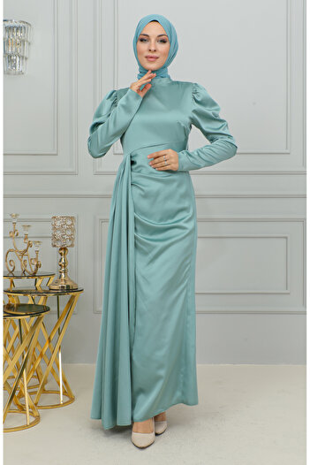 sefamerve Green Satin Evening Dress with Pleat Detail, Model 6154-03