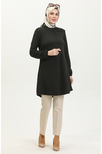 sefamerve Black Plain Flowing Elastic Tunic 8722-01
