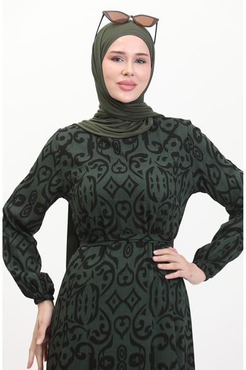 sefamerve Dark Green Viscose Dress - Patterned and Belted 0469-02