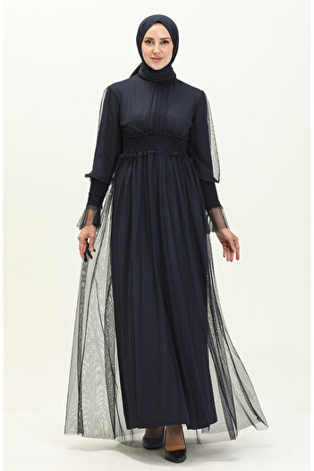 sefamerve Navy Blue Pleated Tulle Evening Dress - 5572-01 Model