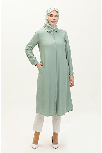 sefamerve Viscose Tunic with Pocket and Hidden Placket 6435-28 Dark Green